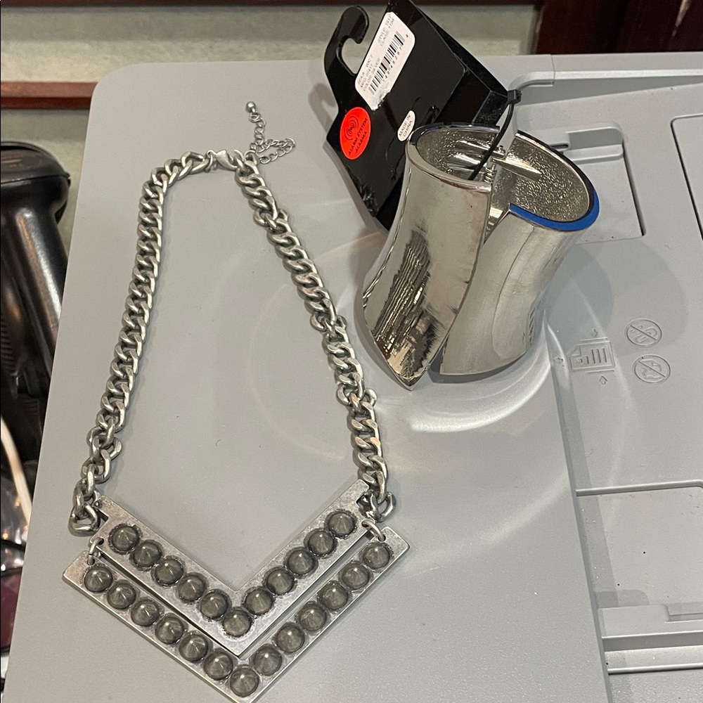 Silver Metal Chain Necklace and Cuff Bracelet Bundle